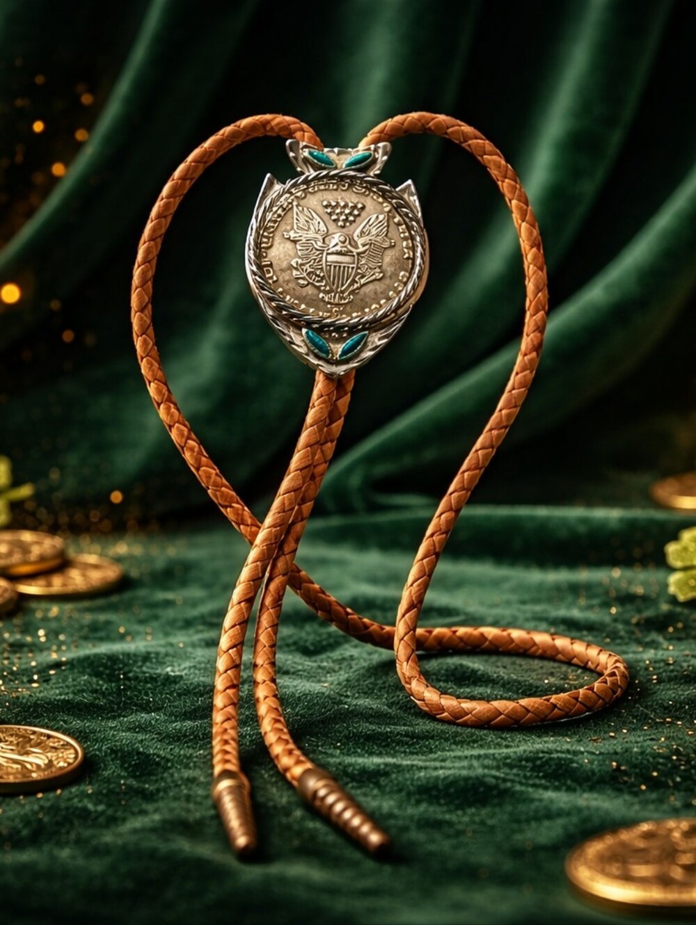 Vintage Western Bolo Tie – Silver Tone “One Ounce Silver” Coin Copy